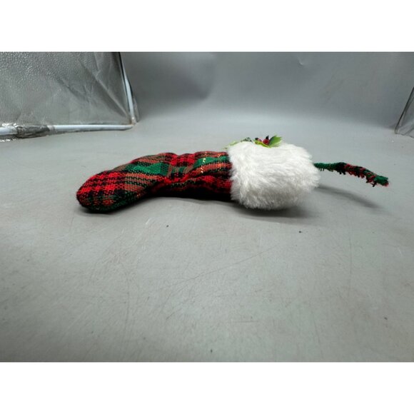 Plaid Mini Christmas Stocking With Faux Fur Cuff & Holly Accent READ - Picture 2 of 6